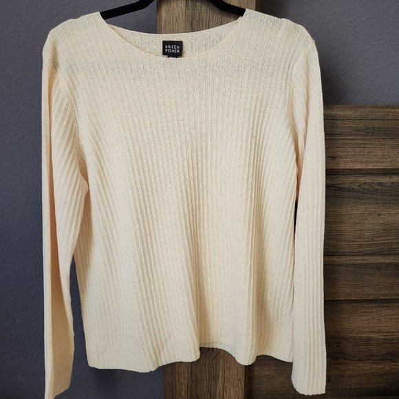 Eileen Fisher Sweaters - Eileen Fisher Cream 100% Italian Wool Long Sleeve Knit Ribbed Sweater Small